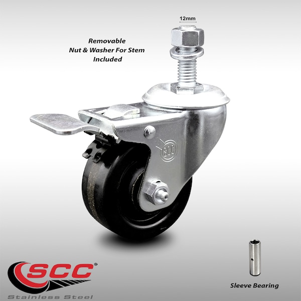 3 Inch SS Phenolic 12mm Threaded Stem Caster with Total Lock Brake SCC